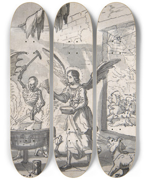 Triptych art skateboard deck of Conrad Meyer The Devils Kitchen Visited By An Angel by Conrad Meyer (1618-1689)