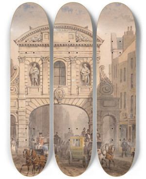 Triptych art skateboard deck of Thomas Hosmer Shepherd Temple Bar by Thomas Hosmer Shepherd (1793-1864)