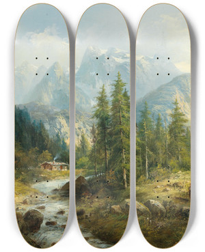 Triptych art skateboard deck of Eduard Boehm Mountain Landscape With Decorative Figures by Eduard Boehm (1830-1890)