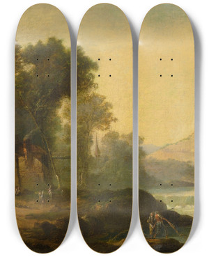Triptych art skateboard deck of Continental School River Landscape With Figures by Continental School