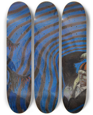 Triptych art skateboard deck of Oskar Kallis Kalevipoeg Kellukesega by Oskar Kallis (1892-1918)
