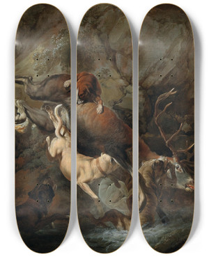 Triptych art skateboard deck of Carl Borromus Andreas Ruthart Dogs Attacking A Stag by Carl Borromaus Andreas Ruthart (1630-1703)