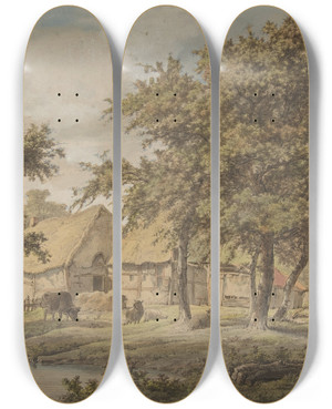 Triptych art skateboard deck of Adrianus De Visser Landscape With A Farmhouse by Adrianus de Visser (1762-1837)