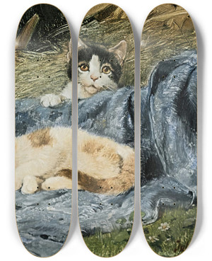 Triptych art skateboard deck of Julius Adam The Younger Two Kittens by Julius Adam The Younger (1852-1913)