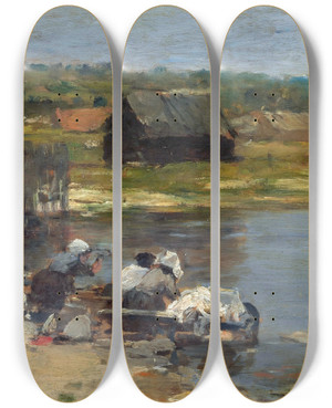 Triptych art skateboard deck of Eugne Boudin Washerwomen At The Edge Of The Pond by Eugene Boudin (1824-1898)