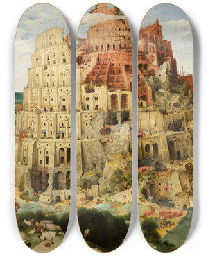 Triptych art skateboard deck of Pieter Bruegel The Elder The Tower Of Babel Vienna by Pieter Bruegel The Elder (1525-1569)