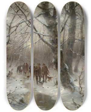 Triptych art skateboard deck of Dsir Thomassin Jger Im Winterwald by Desire Thomassin (1858-1933)