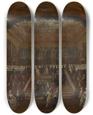 Triptych art skateboard deck of Francesco Guardi The Interior Of The Teatro San Benedetto Venice With The 1782 Ball In Honor Of The Conti Del Nord by Francesco Guardi (1712-1793)