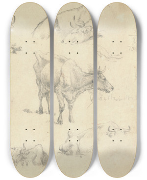 Triptych art skateboard deck of Robert Hills Cows From Various Angles by Robert Hills (1769-1844)