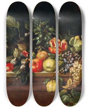 Triptych art skateboard deck of Agostino Verrocchio Apples Grapes Figs And Pomegranates And Other Fruit On A Ledge by Agostino Verrocchio (1586-1659)