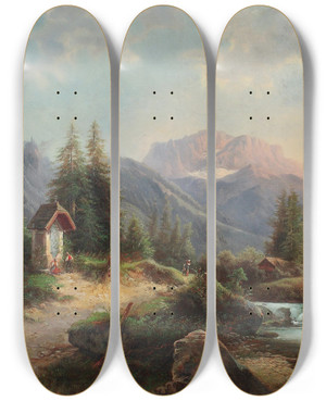 Triptych art skateboard deck of Gustav Barbarini Bachlandschaft Mit Figurenstaffage by Gustav Barbarini (1840-1909)