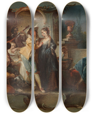 Triptych art skateboard deck of Johann Wolfgang Baumgartner The Prodigal Son Living With Harlots by Johann Wolfgang Baumgartner (1712-1761)