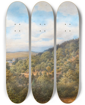 Triptych art skateboard deck of Gottfried Seelos A View Of Sebetov Schebetau Castle Near Boskovice by Gottfried Seelos (1829-1900)