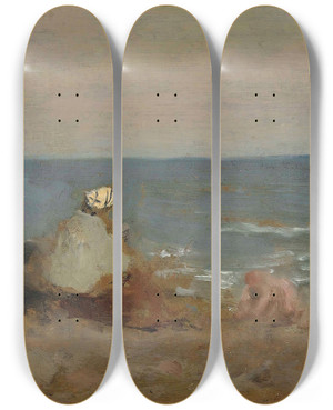 Triptych art skateboard deck of Jeanbaptistecamille Corot Femme Et Enfant Au Bord De La Mer Tretat by Jean-Baptiste-Camille Corot (1796-1875)