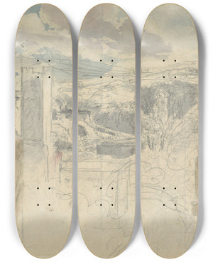 Triptych art skateboard deck of Friedrich Salath Ruins Of A Fortified Tower Among Wooded Hills Recto by Friedrich Salathe (1793-1860)