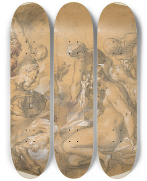 Triptych art skateboard deck of Joseph Heintz The Elder Satyrs And Nymphs by Joseph Heintz The Elder (1564-1609)