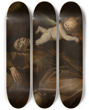 Triptych art skateboard deck of Pier Francesco Mazzucchelli Saint Francis Comforted By An Angel by Pier Francesco Mazzucchelli (1573-1626)