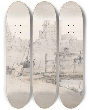 Triptych art skateboard deck of Franois Louis Thomas Francia Southeast View Of Rochester Castle And The Cathedral by Francois Louis Thomas Francia (1772-1839)