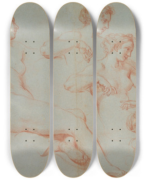 Triptych art skateboard deck of Carlo Maratti Four Studies Of Recumbent Female Nudes Galatea by Carlo Maratti (1625-1713)