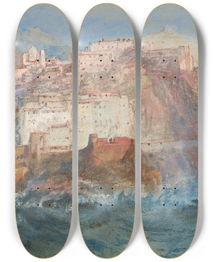 Triptych art skateboard deck of Joseph Mallord William Turner Genoa From The Sea Looking Up To The Church Of Santa Maria Assunta In Carignano by Joseph Mallord William Turner (1775-1851)