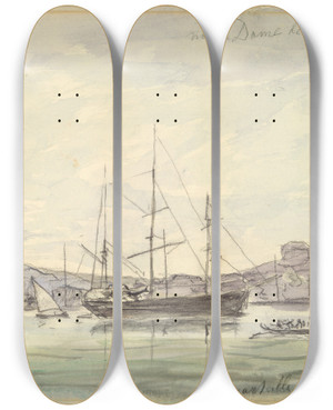Triptych art skateboard deck of Johan Barthold Jongkind Harbor Scenemarseilles by Johan Barthold Jongkind (1819-1891)