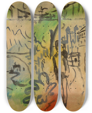 Triptych art skateboard deck of August Macke Uferpromenade by August Macke (1887-1914)