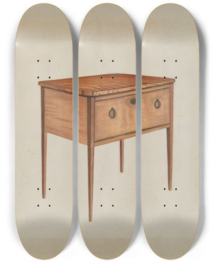 Triptych art skateboard deck of Mattie P Goodman Table With Deep Drawer by Mattie P Goodman