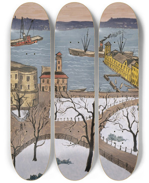 Triptych art skateboard deck of Glenn O Coleman Battery Park by Glenn O Coleman (1887-1932)