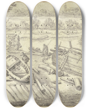 Triptych art skateboard deck of Herman Saftleven Iii Shipyard_3 by Herman Saftleven Iii (1609-1685)