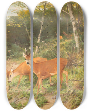 Triptych art skateboard deck of Christian Krner Red Deer On A Forest Clearing by Christian Kroner (1838-1911)