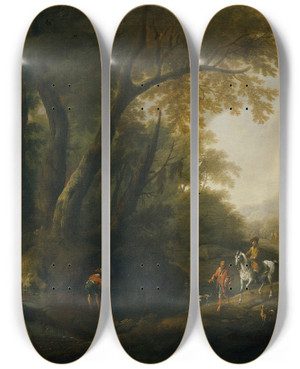 Triptych art skateboard deck of Maximilian Joseph Schinnagl Waldlandschaft Mit Gewsser Links by Maximilian Joseph Schinnagl (1697-1762)