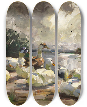 Triptych art skateboard deck of Alexander Koester Enten Am Ufer Schne Wolkenstimmung by Alexander Koester (1864-1932)