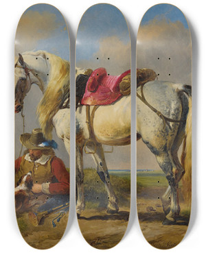 Triptych art skateboard deck of Eugne Joseph Verboeckhoven A Cavalier At Rest by Eugene Joseph Verboeckhoven (1798-1881)
