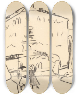 Triptych art skateboard deck of Ernst Ludwig Kirchner Houses In Dresden With People Strolling by Ernst Ludwig Kirchner (1880-1938)