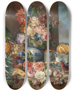 Triptych art skateboard deck of Josef Schuster Stillleben Mit Frchten Blumen Und Papagei by Josef Schuster (1812-1890)
