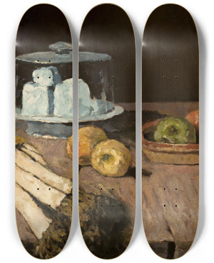 Triptych art skateboard deck of Carl Schuch Still Life With Leeks Apples And Cheese by Carl Schuch (1846-1903)