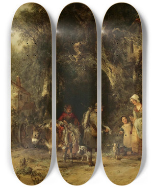 Triptych art skateboard deck of William Shayer The Rabbit Man by William Shayer (1787-1879)