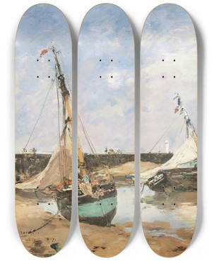 Triptych art skateboard deck of Eugne Boudin Trouville Barques Choues Entre Les Jetes by Eugene Boudin (1824-1898)