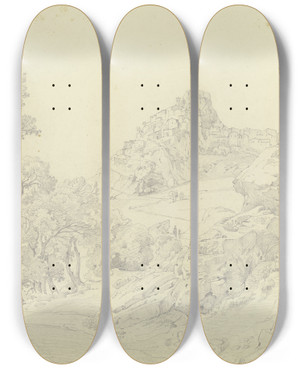 Triptych art skateboard deck of Carl Morgenstern View Of Cervara Di Roma by Carl Morgenstern (1811-1893)