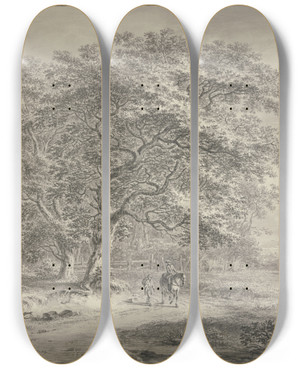 Triptych art skateboard deck of Jan Evert Grave Waldesrand Mit Einem Zaun Eingefasst Unter Zwei Groen Bumen Ein Reiter Und Ein Fugnger by Jan Evert Grave (1759-1805)