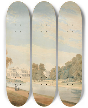 Triptych art skateboard deck of James Wilcox Buckingham Palace From St Jamess Park by James Wilcox