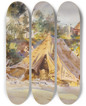 Triptych art skateboard deck of John Singer Sargent Camp With Ambulance by John Singer Sargent (1856-1925)