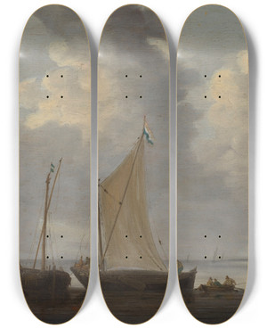 Triptych art skateboard deck of Jeronymus Van Diest A Calm With Fishermen Unloading Their Catch by Jeronymus Van Diest (1631-1677)