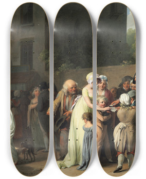 Triptych art skateboard deck of Louis Lopold Boilly The Card Sharp On The Boulevard by Louis Leopold Boilly (1761-1845)