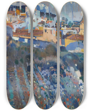 Triptych art skateboard deck of Joaquin Mir Trinxet Terraced Village by Joaquin Mir Trinxet (1873-1940)