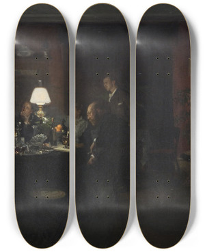 Triptych art skateboard deck of Viggo Johansen Evening Talk by Johansen Viggo (1851-1935)