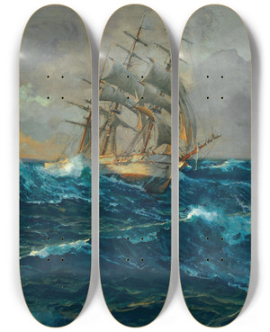 Triptych art skateboard deck of Michael Zeno Diemer Dreimaster Auf Hoher See by Michael Zeno Diemer (1867-1939)