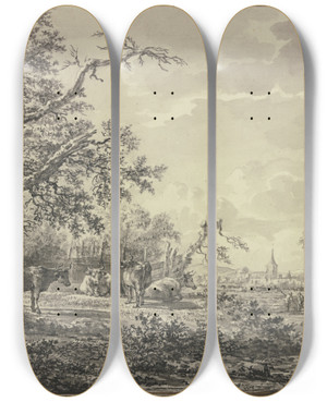 Triptych art skateboard deck of Hendrik Schepper Am Waldesrand Bei Einem Zaun Vieh Und Ein Hirte by Hendrik Schepper