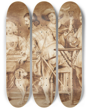 Triptych art skateboard deck of Palamedes Palamedesz Selskab Omkring Et Bord by Palamedes Palamedesz (1607-1638)