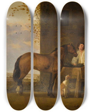 Triptych art skateboard deck of Abraham Van Calraet Ahorseman Tending His Horse A Cowherd With His Cattle Beyond by Abraham Van Calraet (1642-1722)
